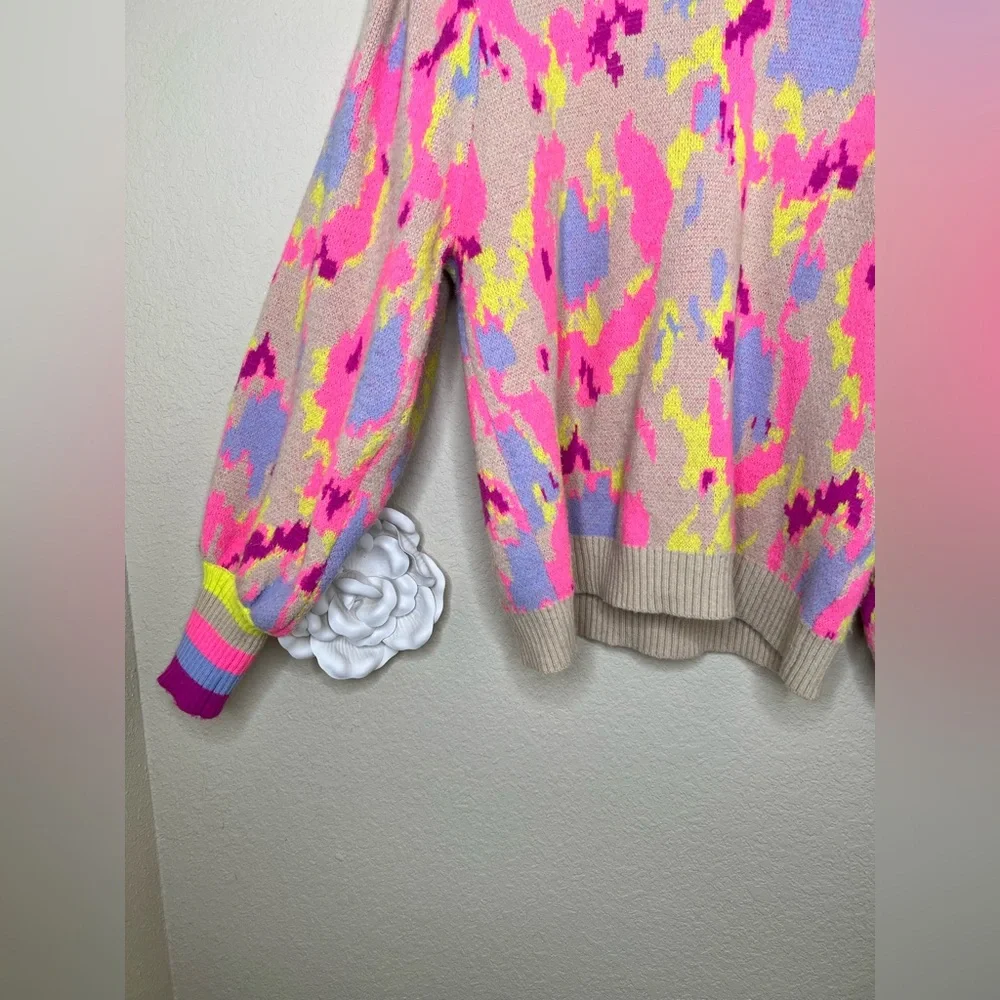 NTM Jodifl Abstract Print Sweater Neon Pink Taupe Balloon Sleeve Pullover Size L - Picture 6 of 16